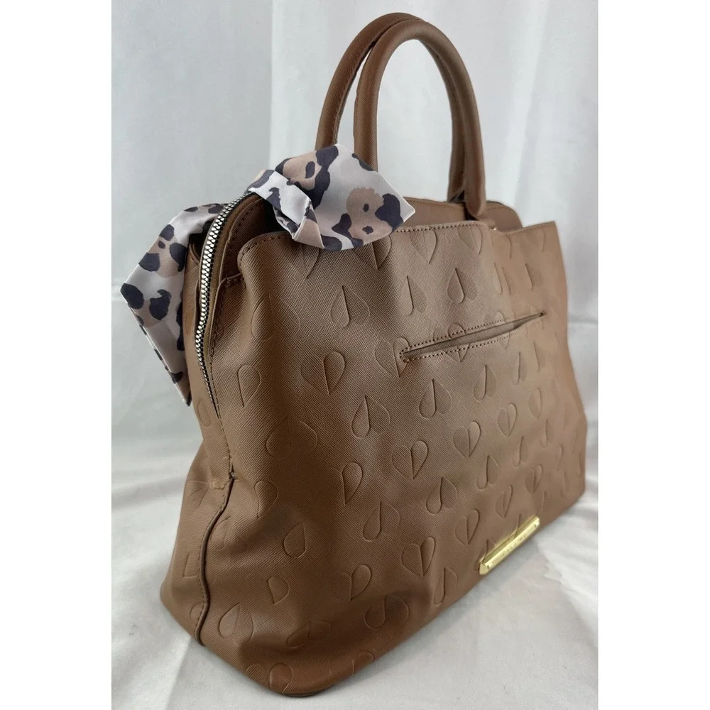 Betsey Johnson Heart Embossed Brown Triple‎ Compartment Large Satchel Purse Tote